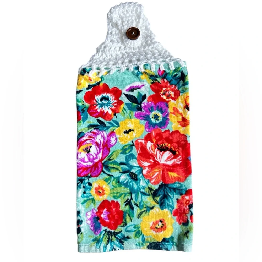 Hand Crafted Colorful Floral Hanging Kitchen Hand Towel with Button Closure